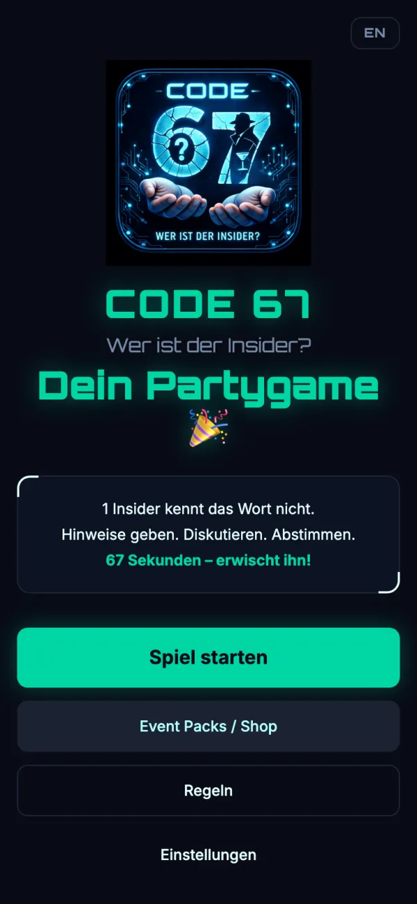 Startbildschirm des Partyspiels Code 67
